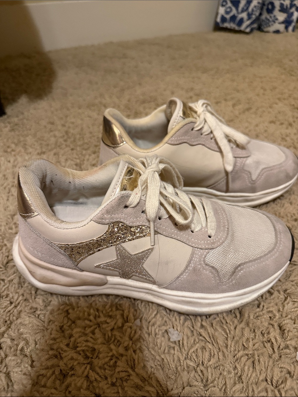 Vintage Cream and Gold Glitter Star Sneakers